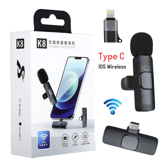 Wireless MIC K8 MICROPHONE Vlogging Mic with Microphone Accessories Video for Type C Android, IOS Lightining & 3.5mm Jack